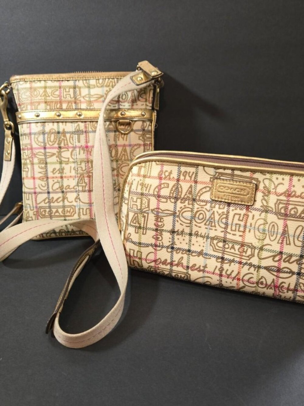 Coach Tattersall Graffiti Cosmetic Pouch & Crossbody Swing Pack